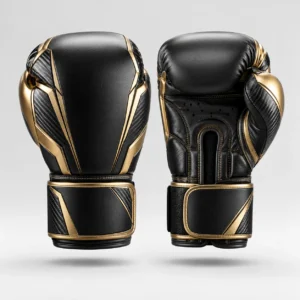 Black and gold boxing gloves shown from front and back angles on a neutral background.