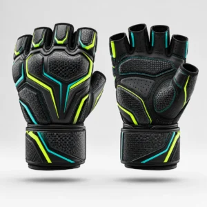 Black martial arts training gloves with neon trim, padding, and wrist support straps.