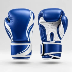 A pair of blue and white martial arts boxing gloves shown from front and back views.