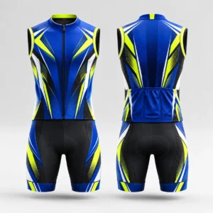 Front and back views of a blue, yellow, and black sleeveless cycling wear set.