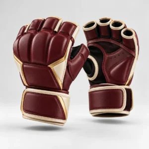 Burgundy and gold martial arts open-finger training gloves shown from front and back angles.