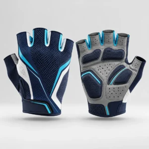 A pair of blue and grey fingerless cycling gloves shown from top and palm views.