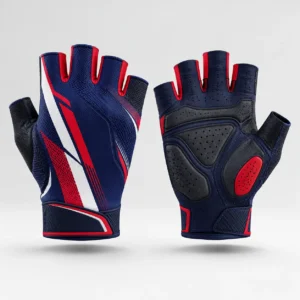 Cycling wear fingerless gloves showcasing blue, red, and white pattern with padded palm.
