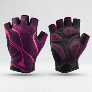 Purple and black fingerless cycling gloves showing the textured padded palm and breathable upper mesh.