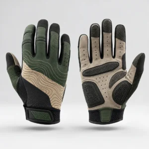 A pair of full-finger cycling wear gloves featuring green, tan, and black panels with textured palms.