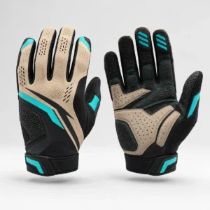 A pair of full finger cycling wear gloves featuring black, beige, and turquoise panels with perforated details.