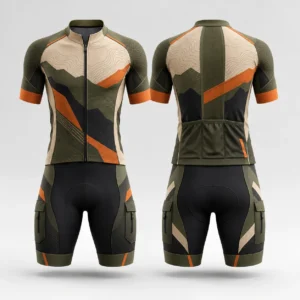 Front and back view of a men cycling jersey and cargo shorts set in olive, beige, and orange.