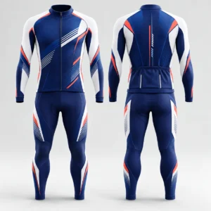 Front and back view of a blue, white, and red cycling wear jersey and tights set.
