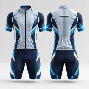 Front and back view of a blue, white, and navy cycling jersey and shorts set.