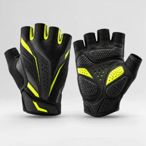 Black and neon yellow half finger cycling wear gloves showing palm padding and top mesh.