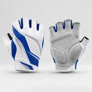 Blue and white half finger cycling gloves featuring a padded palm and breathable perforated design.