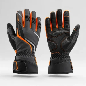 Pair of black and orange cycling wear long finger gloves displayed from front and back views.