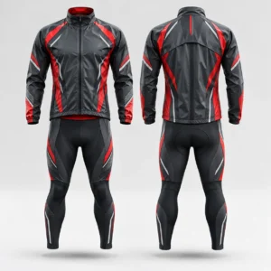 Front and back view of a black, red, and white cycling wear set with jacket and tights.