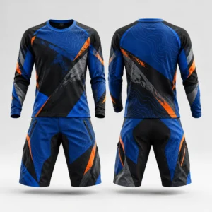 Front and back view of a blue, black, and orange cycling jersey and shorts set.