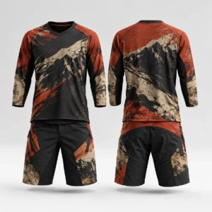 Front and back views of a mountain graphic cycling jersey and shorts set in rust and black.