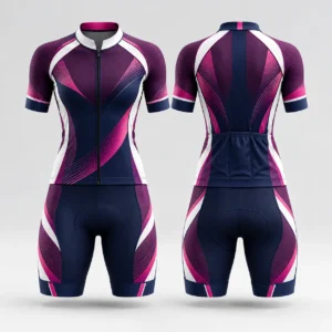 Front and back view of a purple, pink, and white cycling jersey and shorts set.
