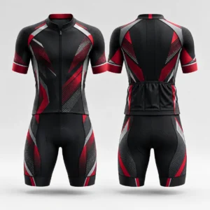 Front and back view of a black, red, and white cycling wear set with short sleeves.
