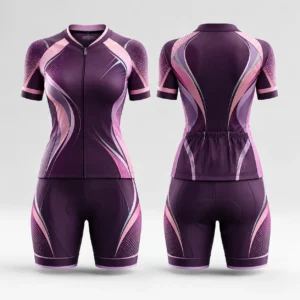Purple and pink cycling wear set with a short sleeve jersey and shorts.