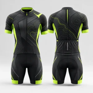 Black and green cycling wear set featuring a short-sleeve jersey and matching shorts.