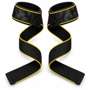 Fitness wear lifting straps with padded wrist supports and long straps.