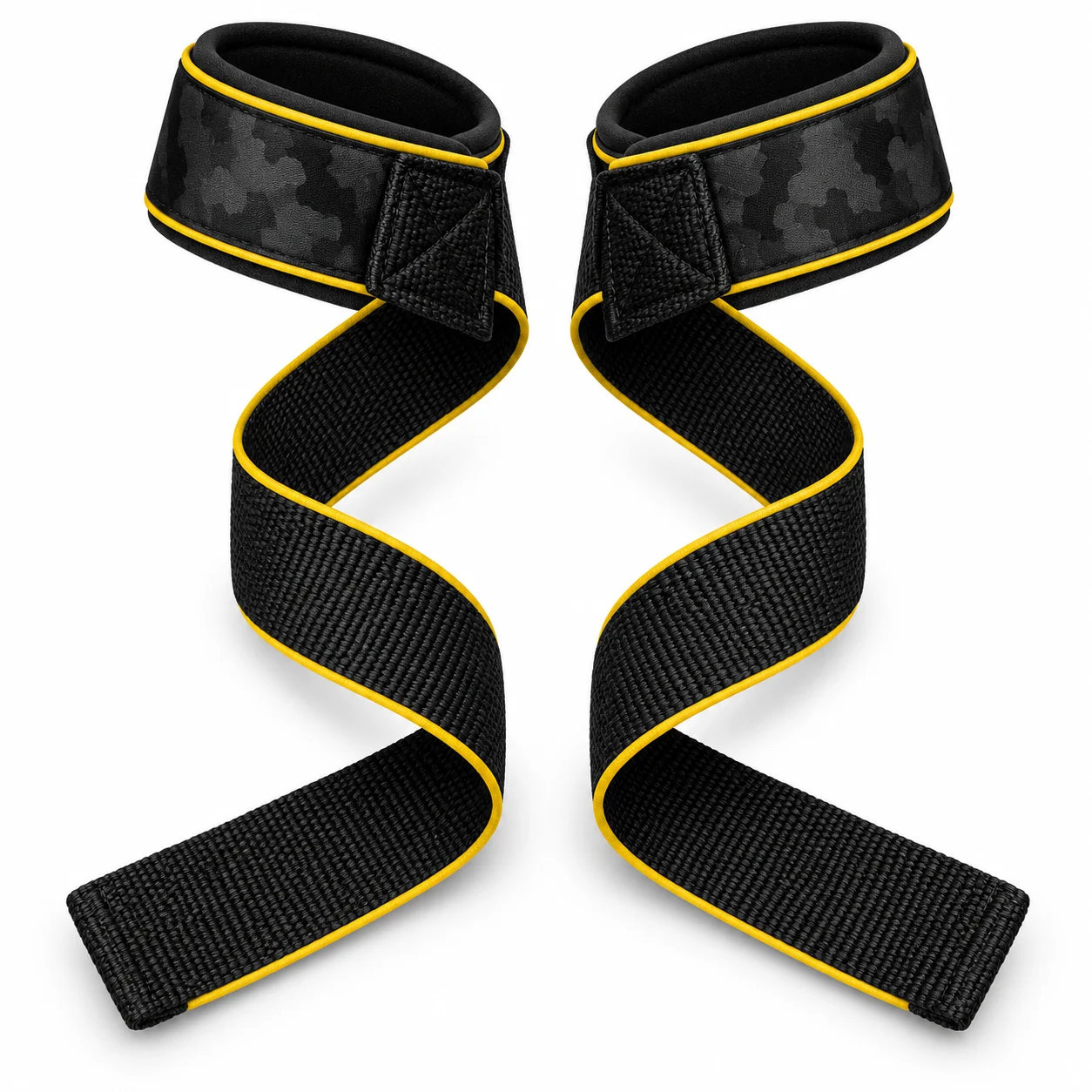 Fitness wear lifting straps with padded wrist supports and long straps.
