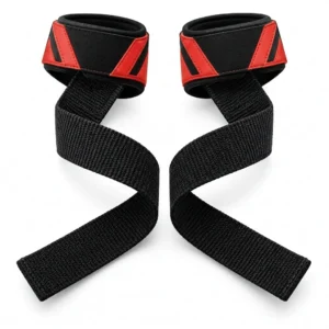 Pair of black lifting straps with padded wrist supports and accent colors
