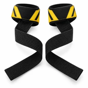 A pair of black fitness lifting straps with padded wrist supports and colorful accent stripes on a white