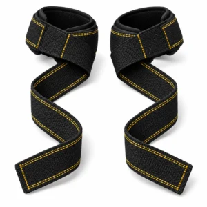A pair of black fitness wear lifting straps with padded wrist cuffs and contrast stitching.