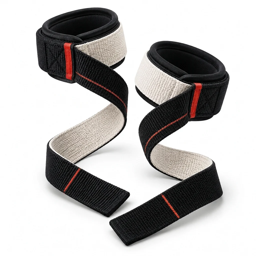 A pair of black and white fitness wear wrist straps with padded cuffs displayed on a white background. - alternate view 2