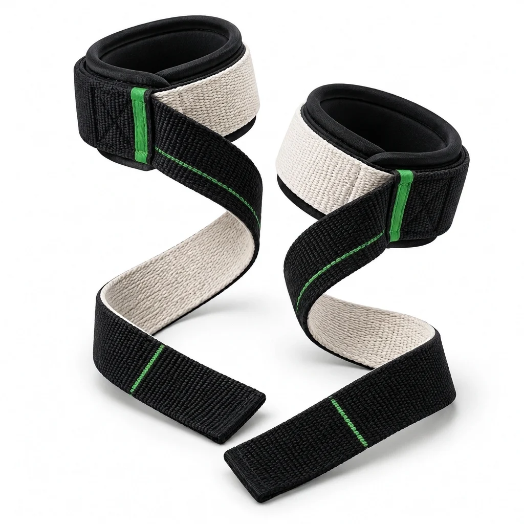 A pair of black and white fitness wear wrist straps with padded cuffs displayed on a white background. - alternate view 3