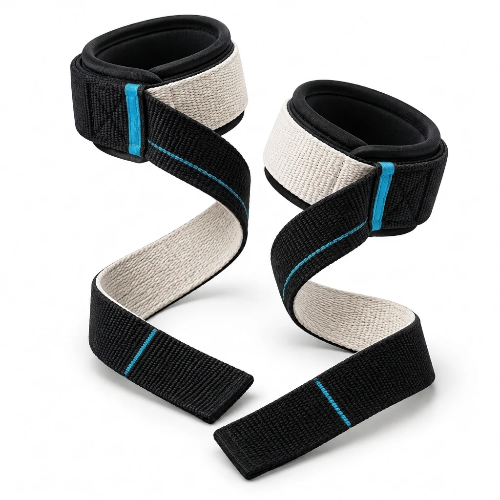 A pair of black and white fitness wear wrist straps with padded cuffs displayed on a white background. - alternate view 4