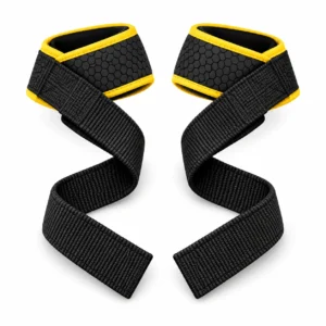 A pair of black fitness wrist straps with cushioned cuffs and long hanging fabric tails.