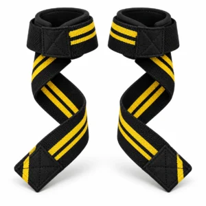 Pair of black fitness wrist support straps with double color stripes displayed on a white background.