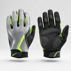 A pair of full finger cycling gloves shown from front and back views with textured grip palms.