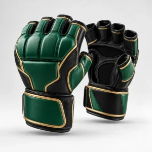 Green and black martial arts gloves with gold trim displaying front and palm views.