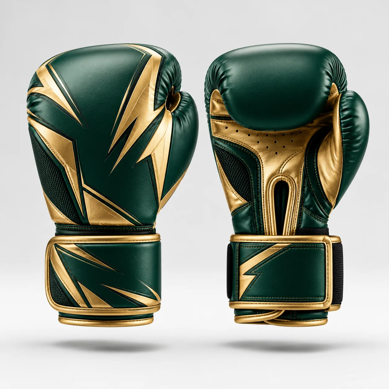 A pair of green and gold martial arts boxing gloves displayed against a light background.