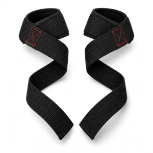 Pair of black lifting straps with padded wrist loops and reinforced cross-stitching on white background