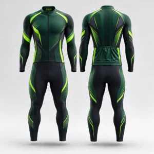 Front and back view of a green and black long sleeve cycling skin suit.