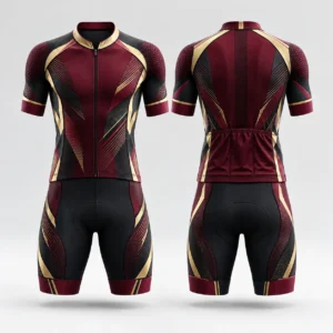 Maroon and black cycling wear set with gold accents, showing front and back views.