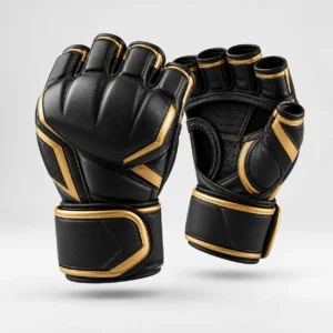 A pair of black and gold martial arts sparring gloves with open fingers and wrist straps.