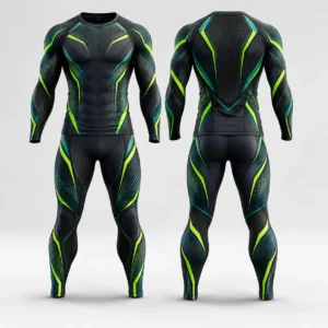 Front and back view of a martial arts compression rash guard and spats set.