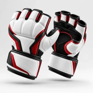Martial arts gloves in white, red, and black with open fingers and wrist support.