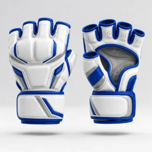 White and blue martial arts training gloves featuring open fingers and a secure wrist strap.