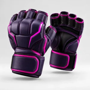 Purple and pink martial arts gloves with open palm design and wrist straps.