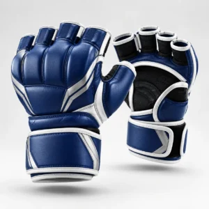 Blue and white martial arts grappling gloves with open fingers and wrist support.