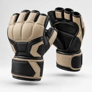 Martial arts grappling gloves in black and tan with open fingers and wrist support strap.