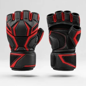 Black and red martial arts grappling gloves with open palm design and wrist straps
