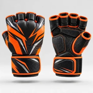 Pair of black and orange martial arts grappling gloves displayed from front and palm perspectives.