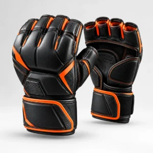 Pair of black and orange martial arts grappling gloves with wrist support straps.