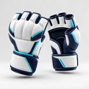 A pair of white and blue martial arts open finger grappling gloves displayed against a neutral background.